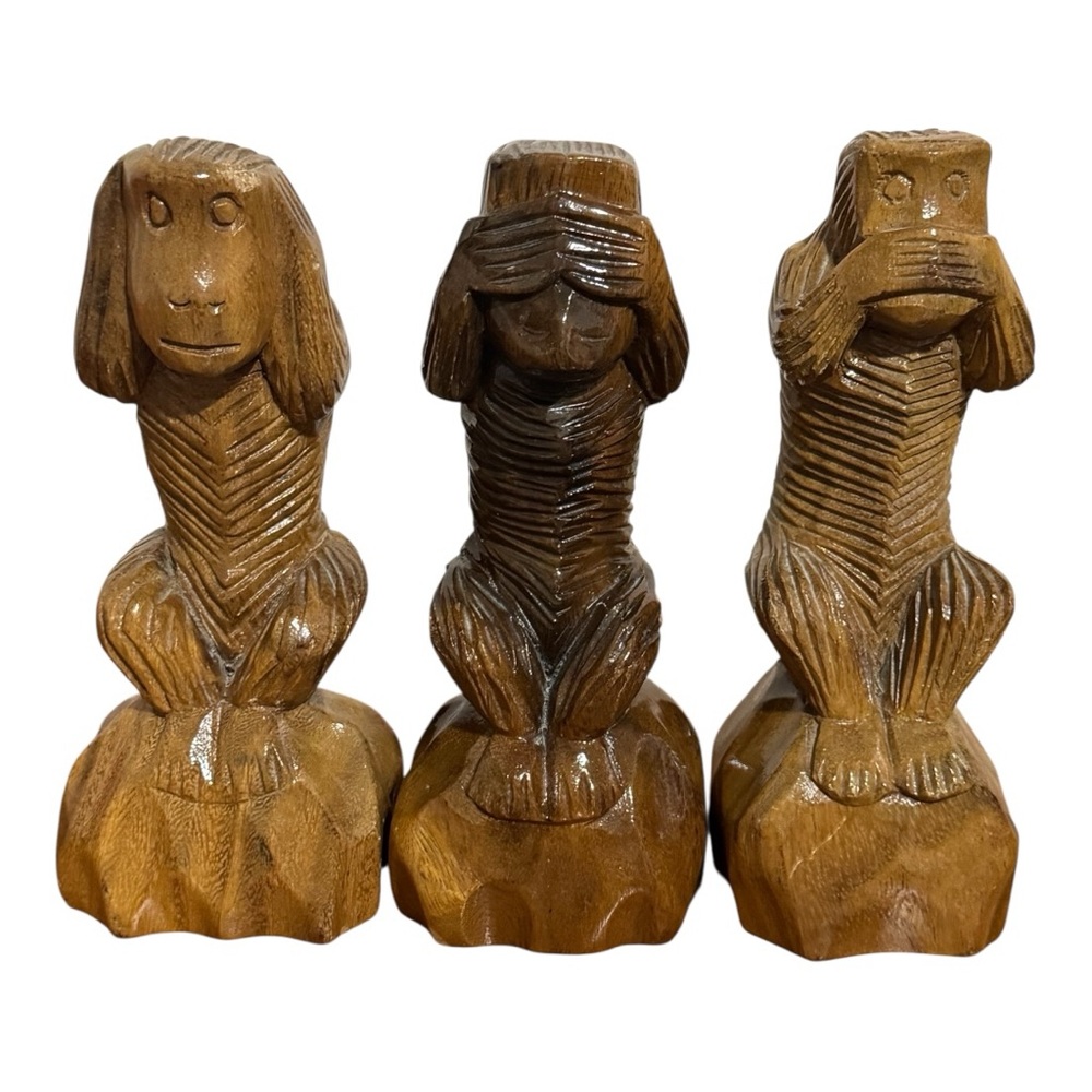 Hand Carved 3 Wise Monkeys Wooden Hear No Evil See No Evil Speak No Evil Tiki